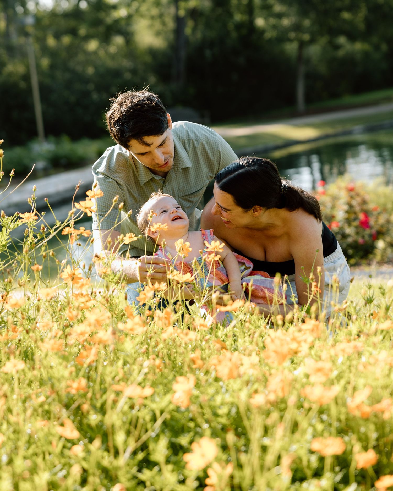 Family with baby playing in a field of orange wildflowers near a pond on a sunny day.