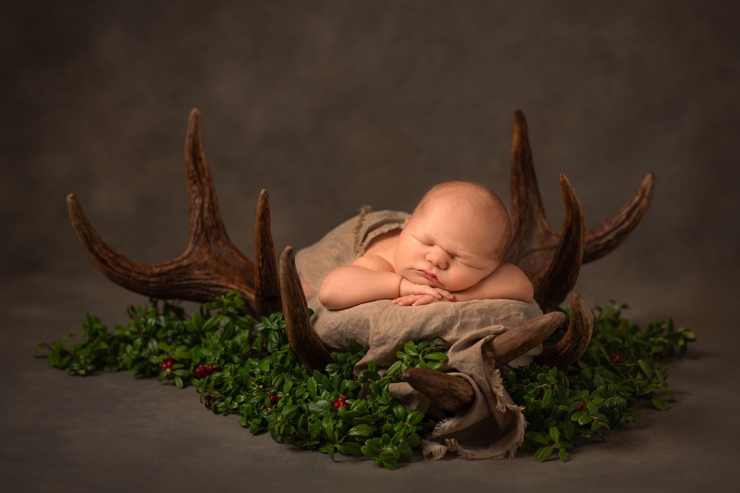 Newborn photography series showing baby sleeping on rustic antlers with green foliage in dark studio setting.