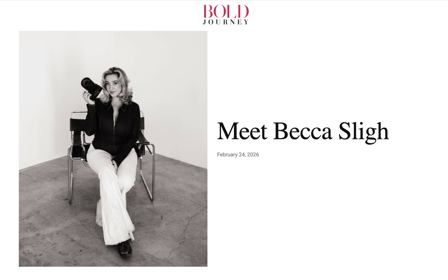 Bold Journey magazine feature article with portrait of photographer Becca Sligh in studio setting.