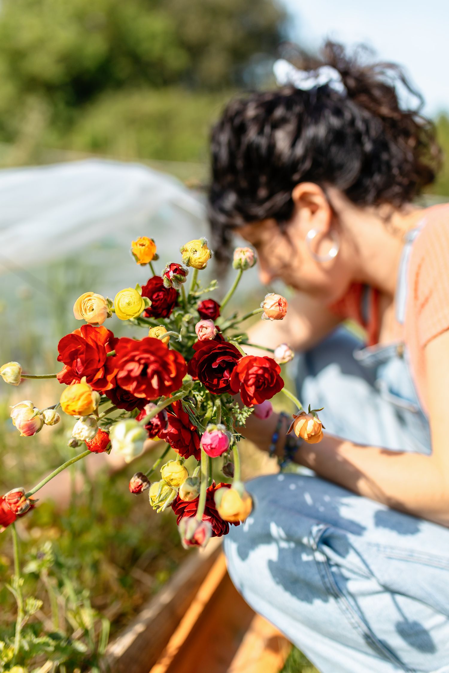 Floricultrice en pleine activité dans sa serre, travail artisanal des fleurs