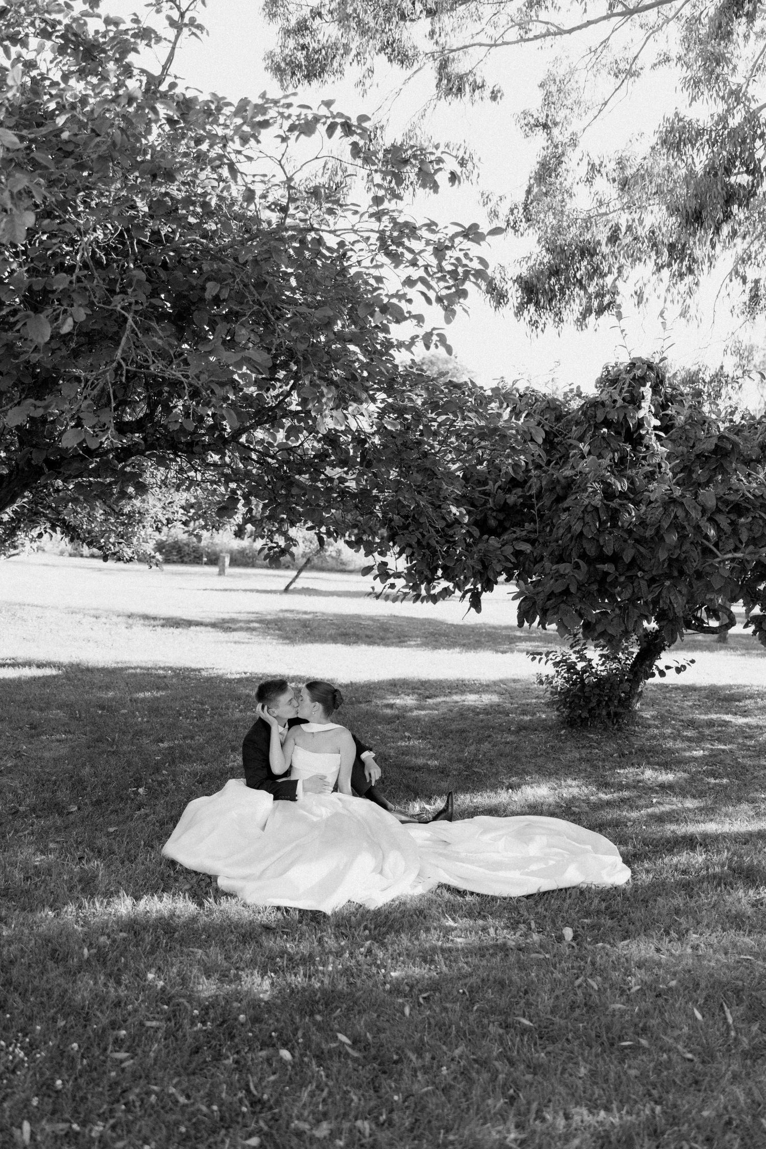 Black and white photo of a bride and groom sitting together on grass beneath a large tree, sharing a romantic kiss.