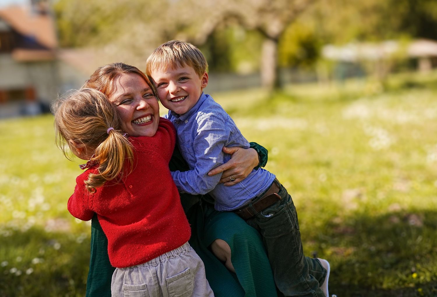 Candid family photos showing playful interactions on outdoor bench.