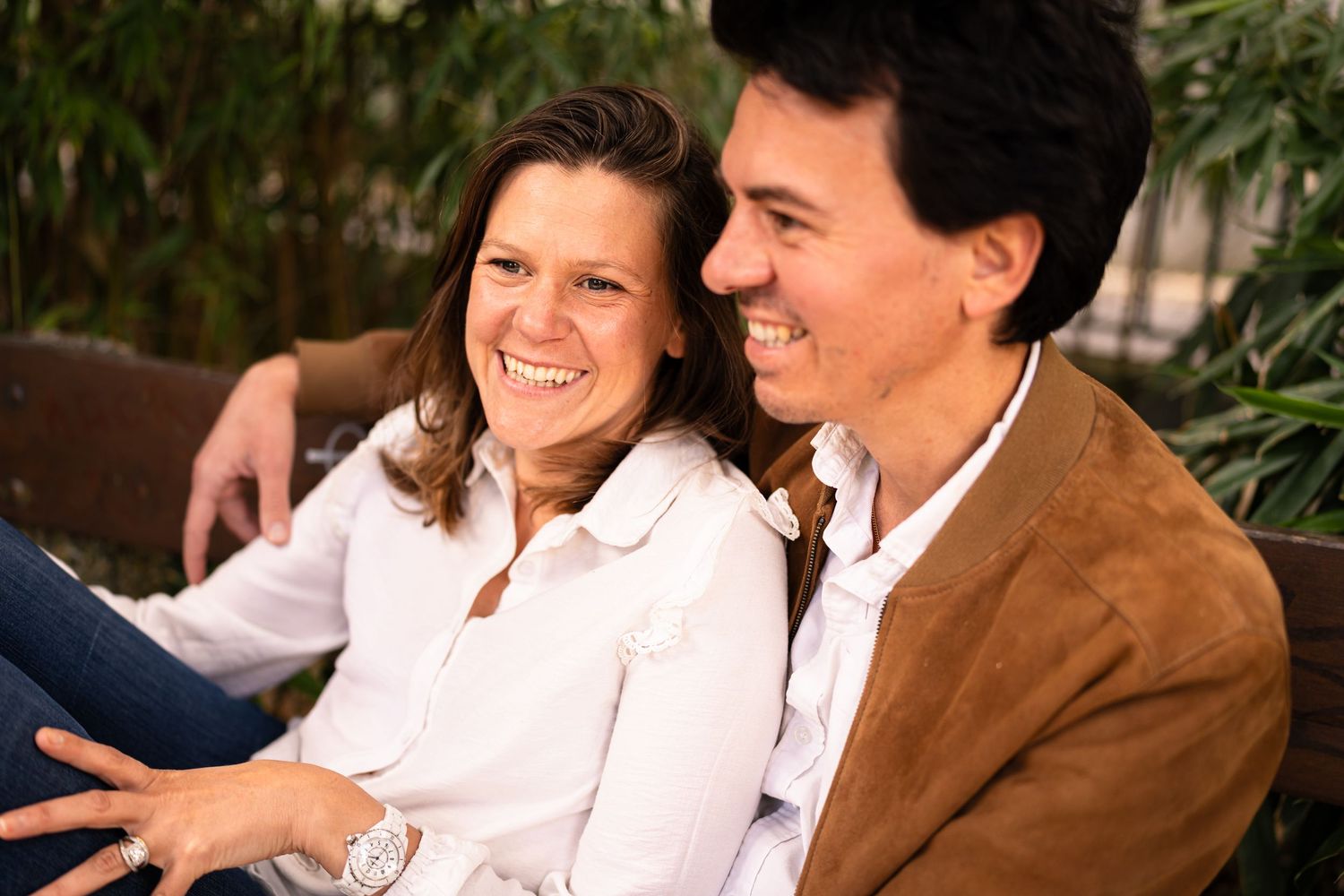 Candid outdoor portrait showing shared laughter and joy.