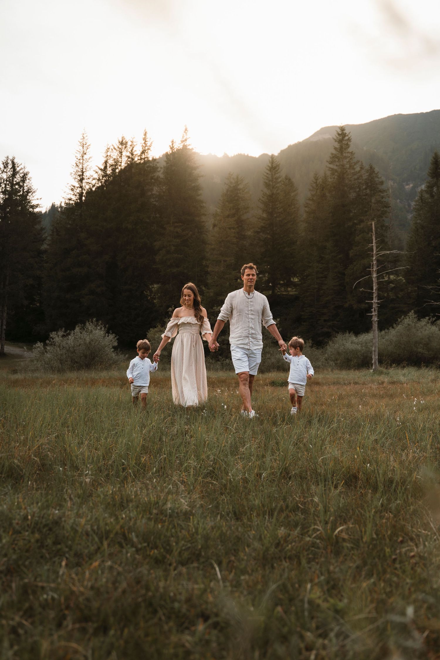 Family of four walking in sunny alpine meadow, parents holding hands with two young boys.