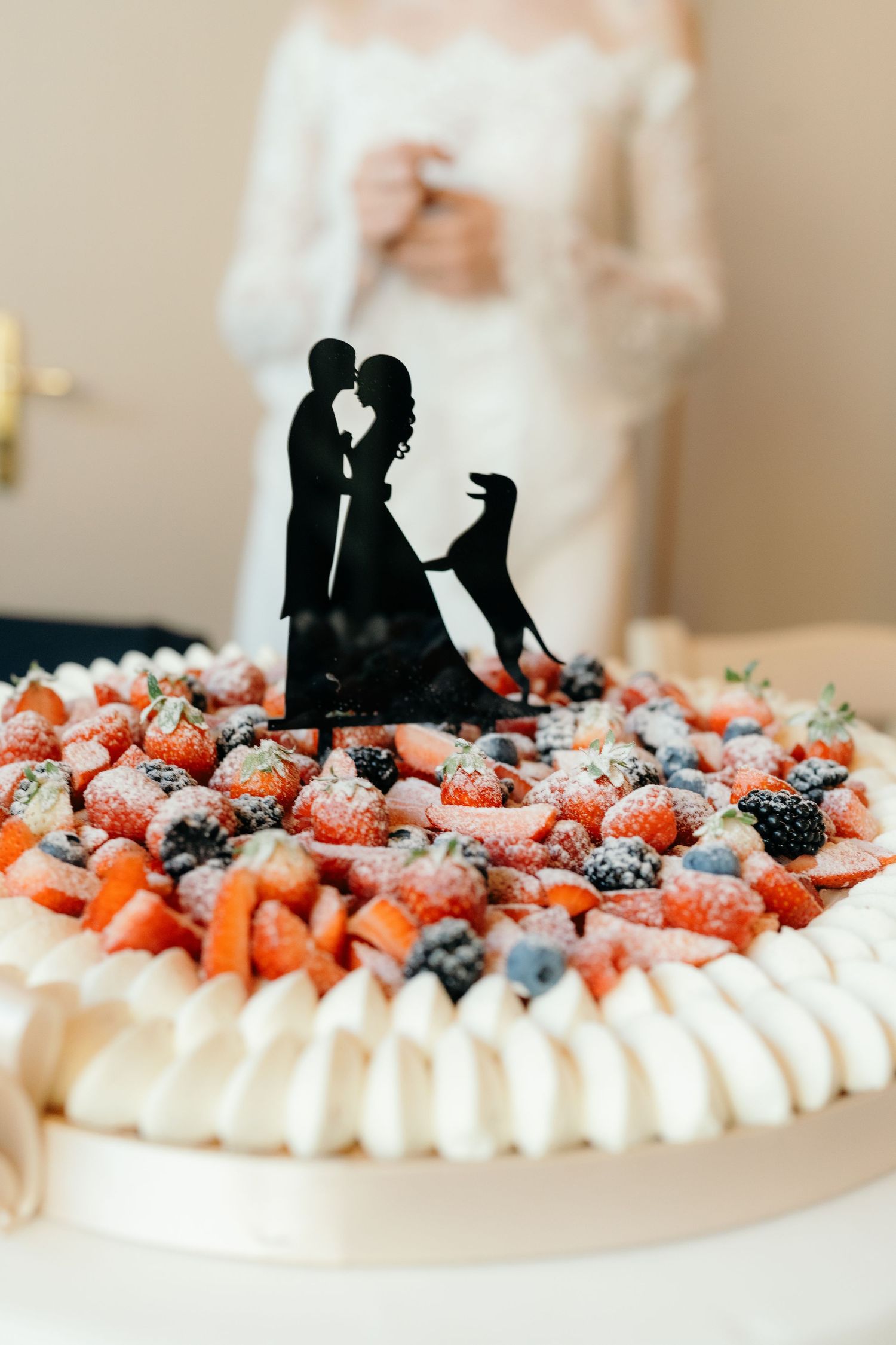 Elegant wedding cake topped with fresh strawberries, blueberries, and a silhouette cake topper of bride, groom, and dog.