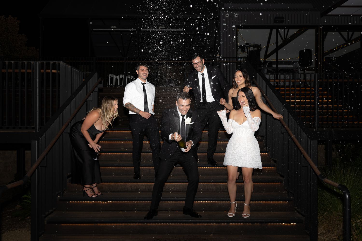 Wedding party poses joyfully on dark stairs with sparkles falling around them.