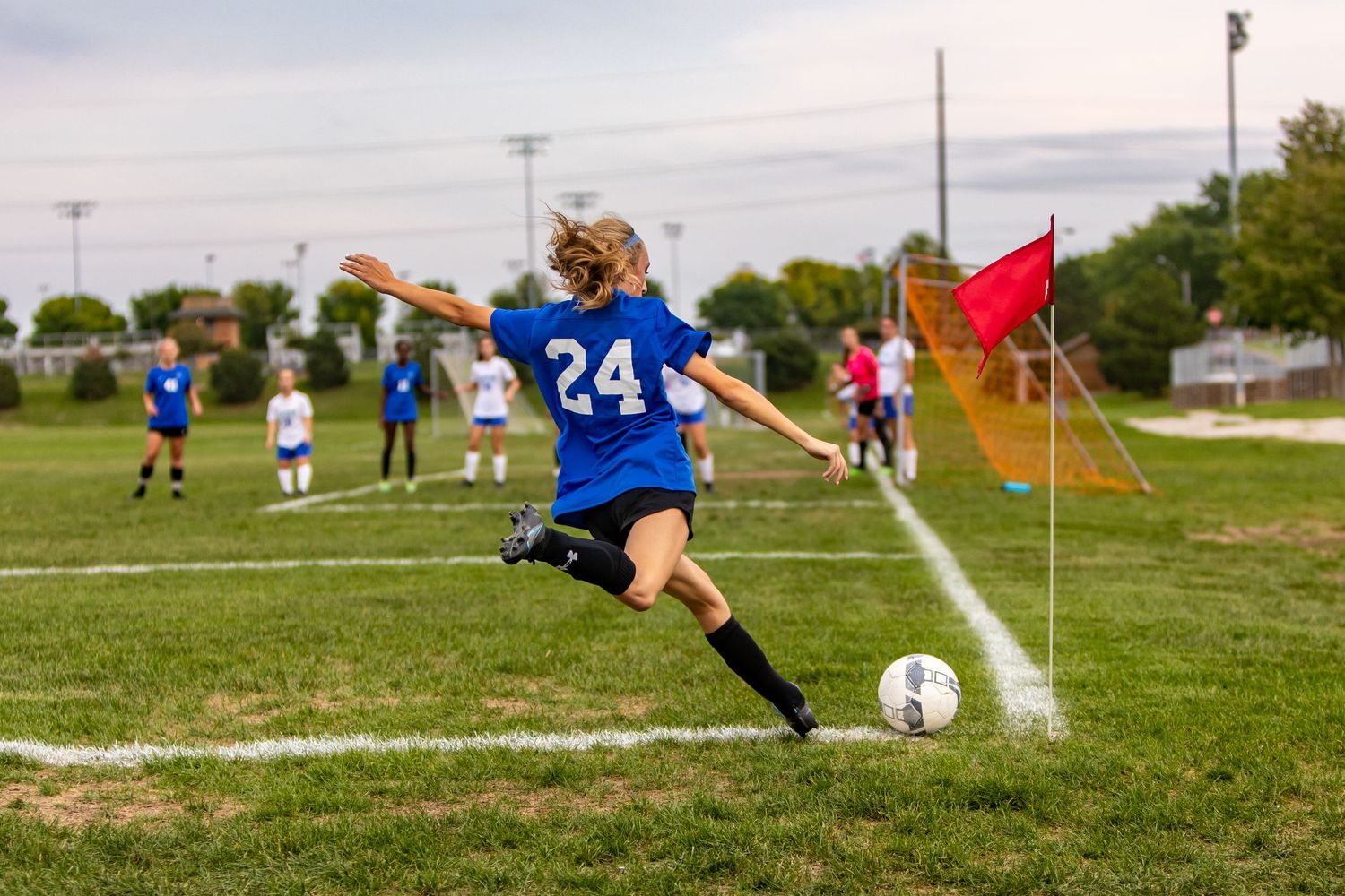 Eastview girls soccer player gets ready to deliver a corner kick on goal