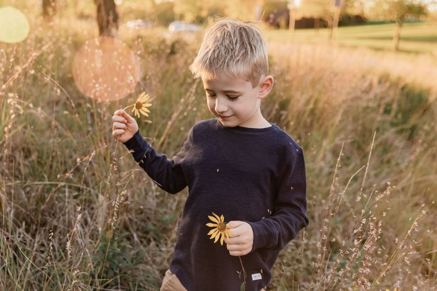 young boy plays in the tall grass with flowers riley lake park mn eden prairie