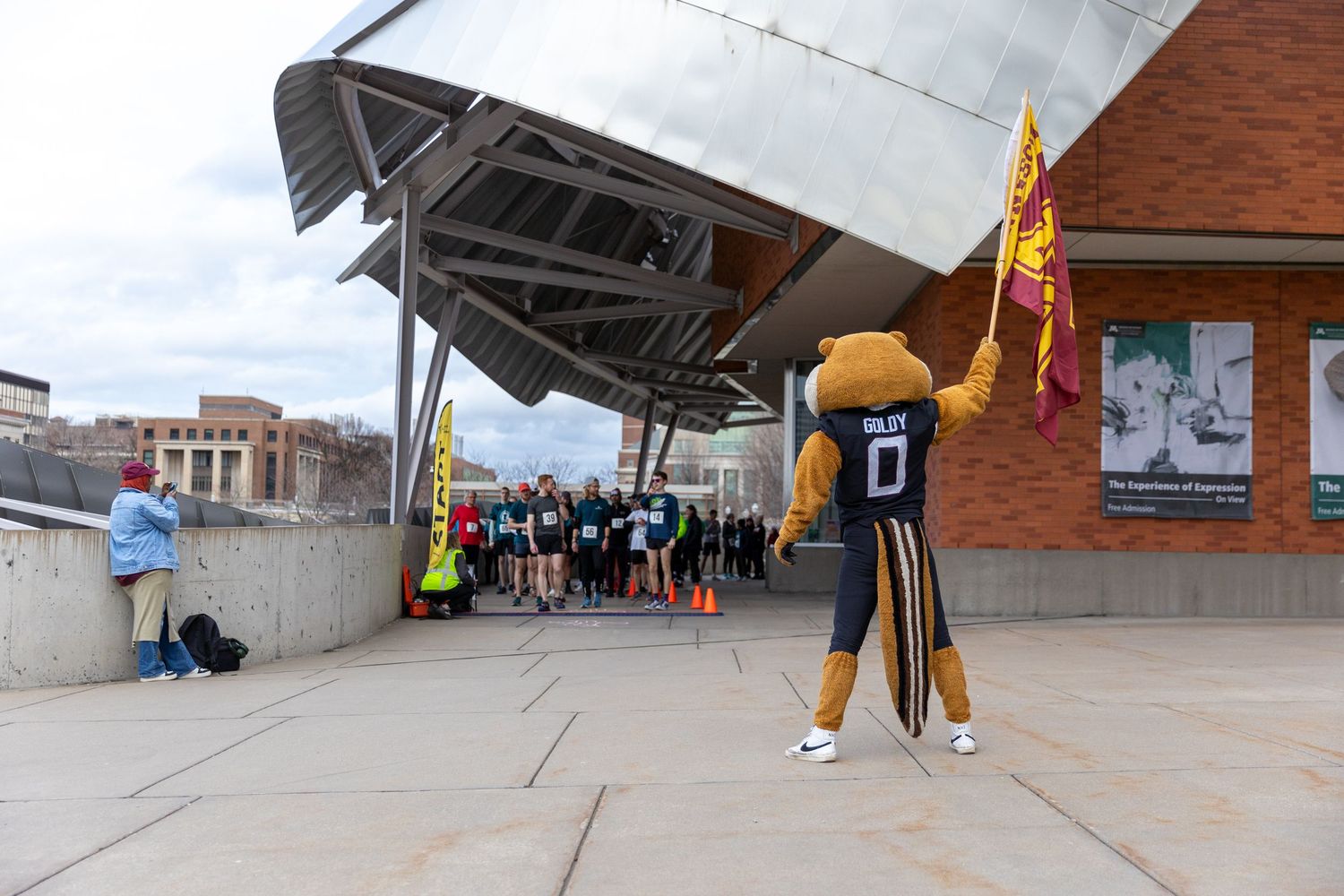 Goldy Gopher gets ready to start the 5k fun run at the Coffman Memorial Hall