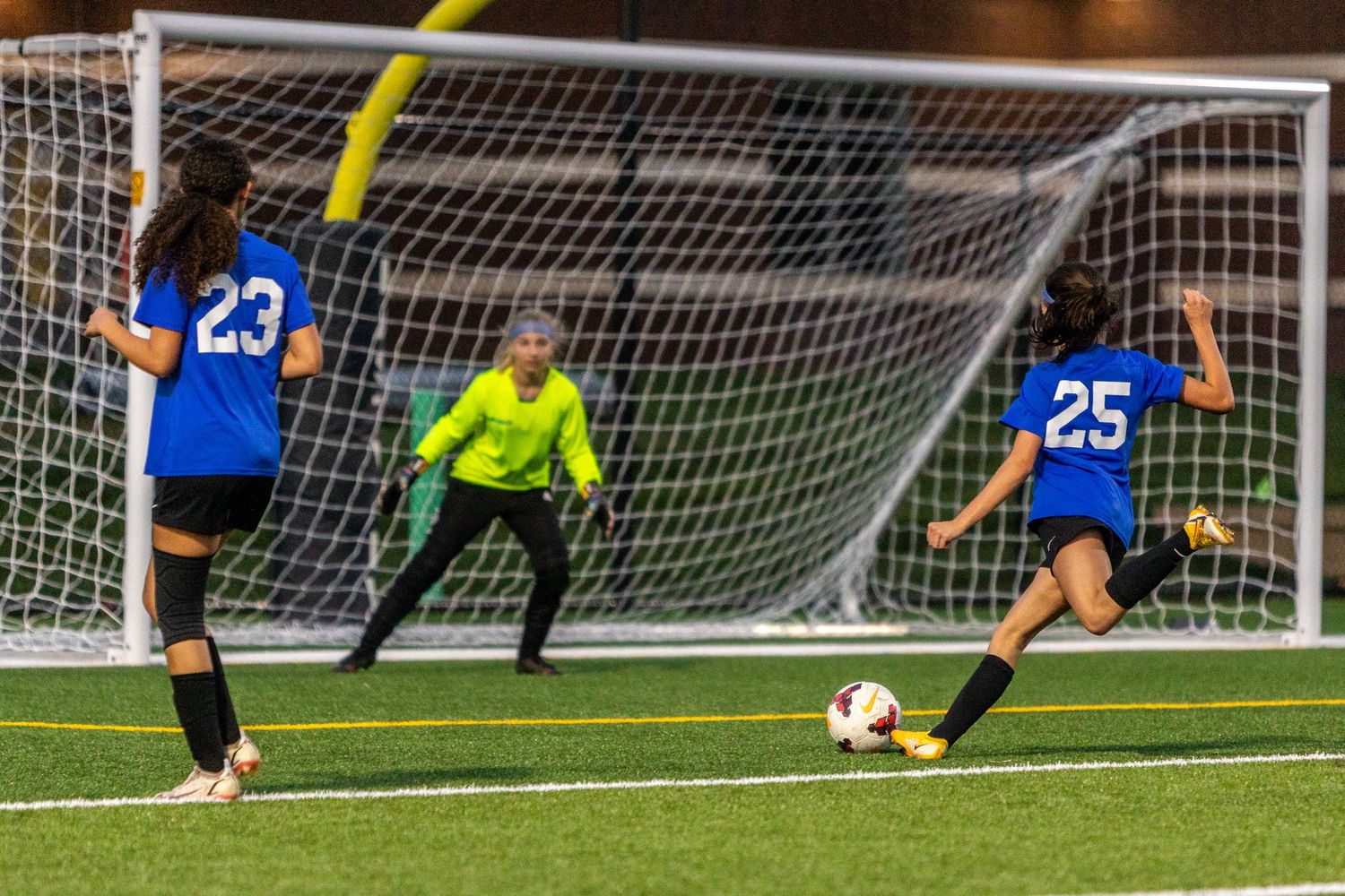 eastview high school girls soccer takes aim at the opposing team's goal