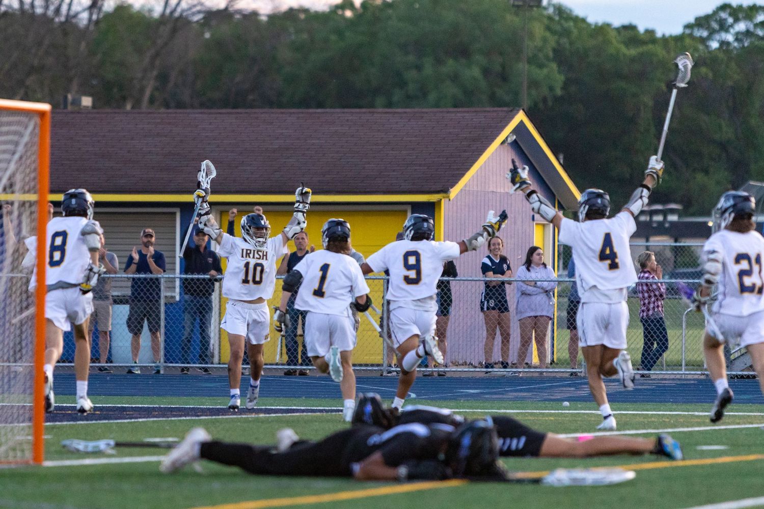 Rosemount Irish lacrosse players storm the field after winning their playoff game