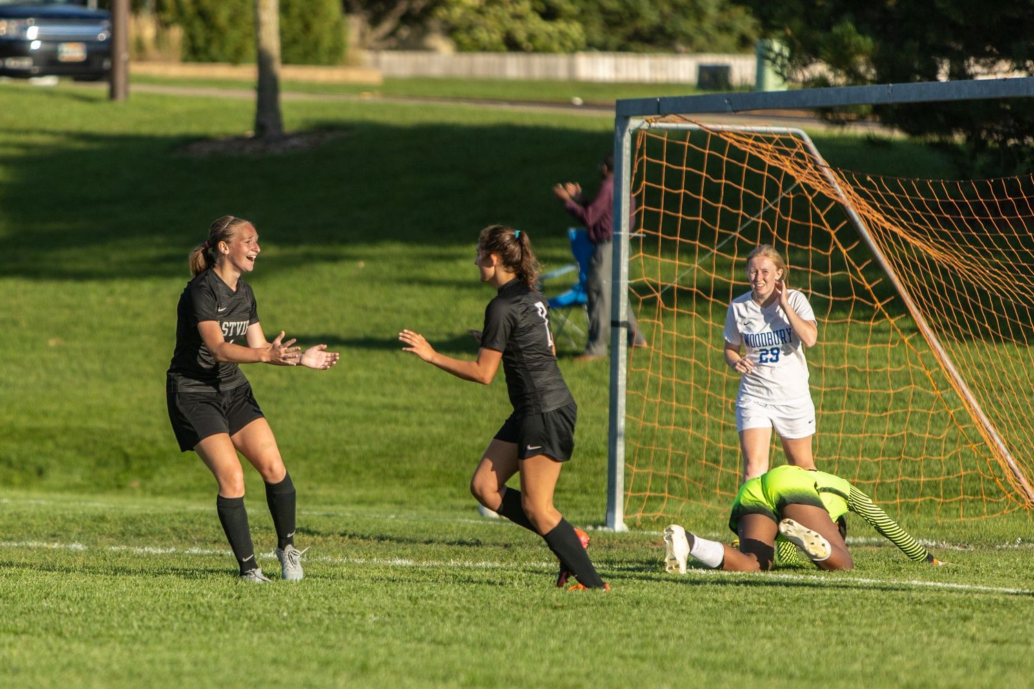 eastview high school girls soccer players celebrate a goal