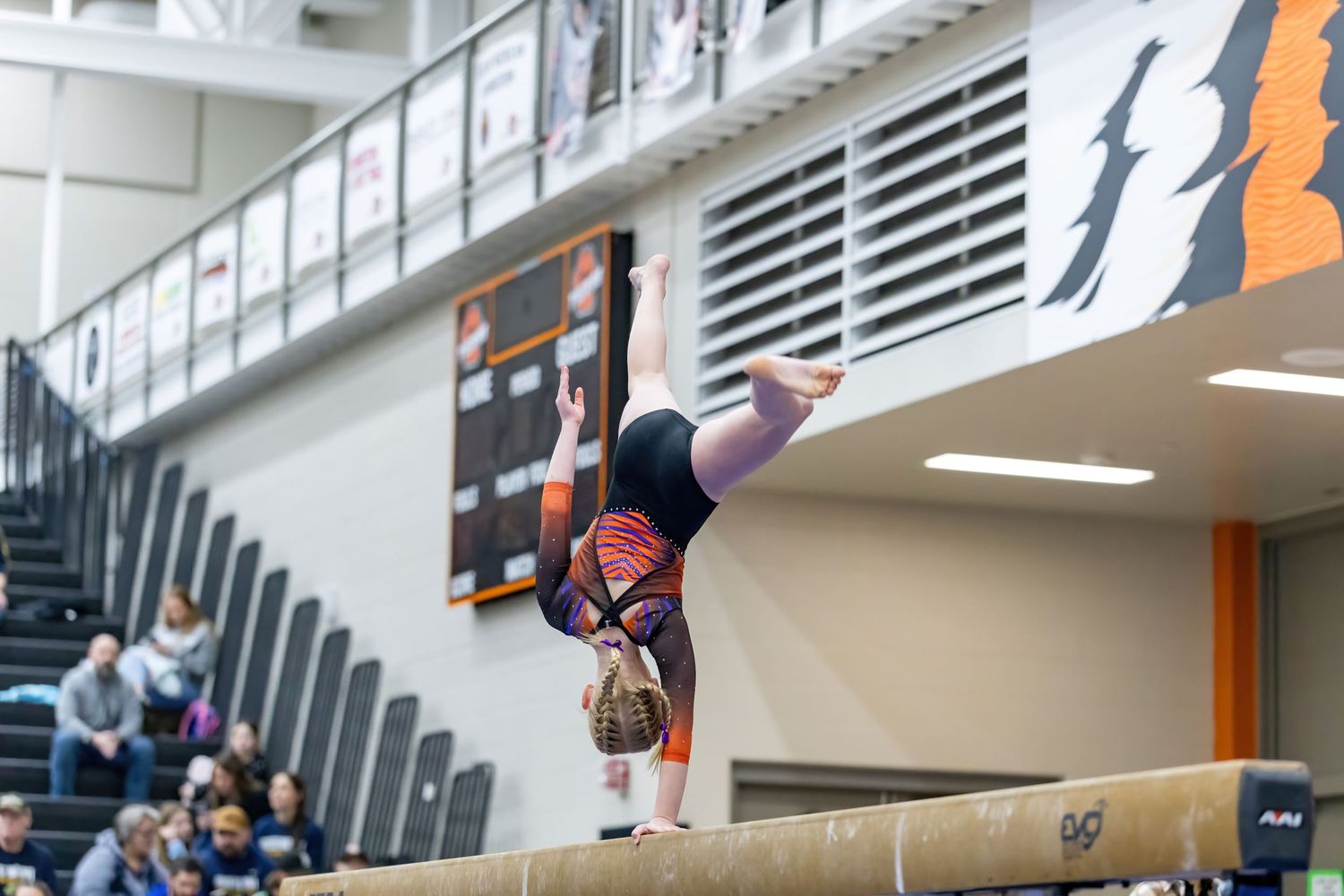 Young gymnast does a cartwheel on the beam