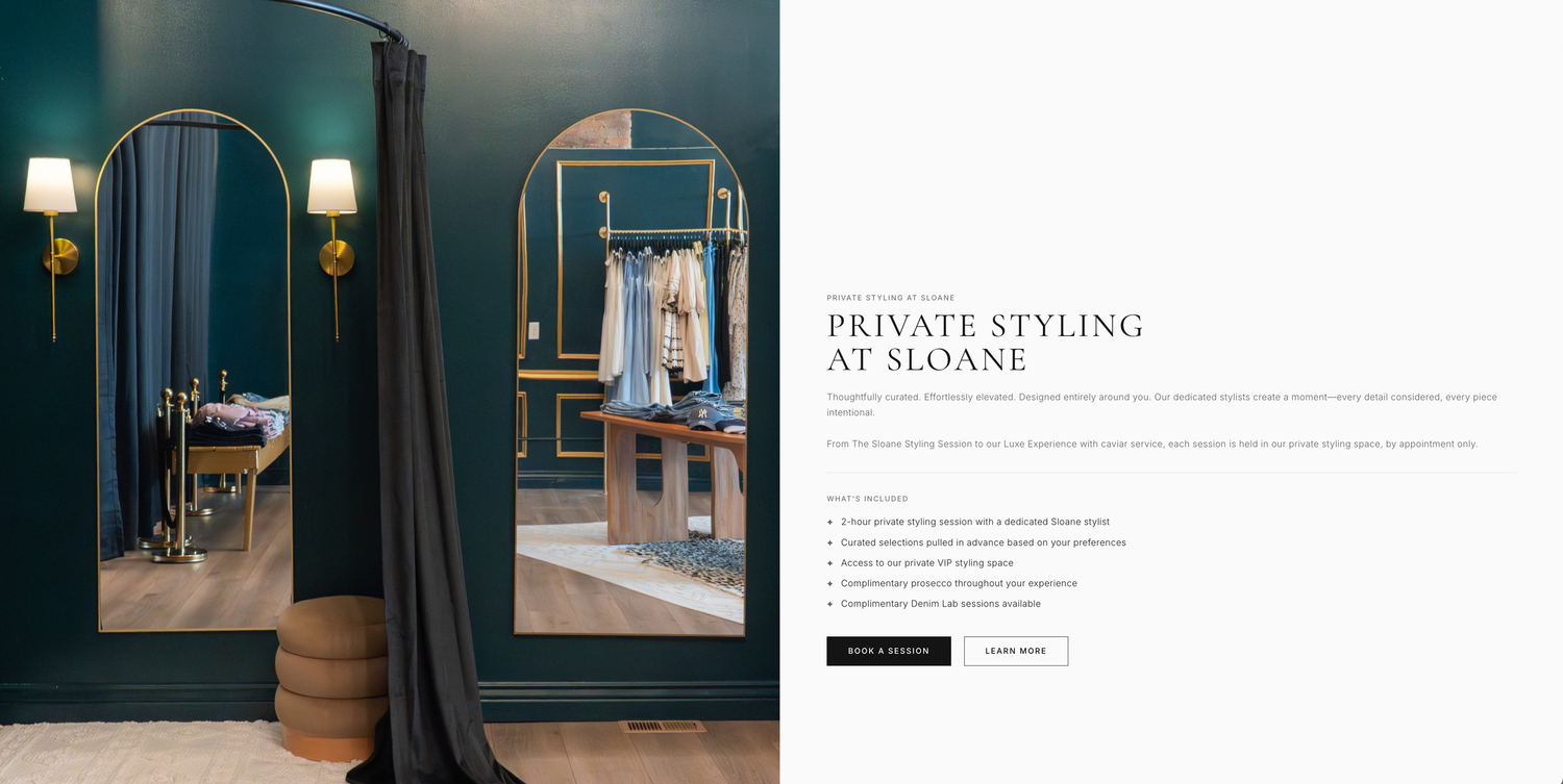 Elegant private styling suite at Sloane with teal walls, arched gold mirrors, and a clothing rack in a luxury boutique.