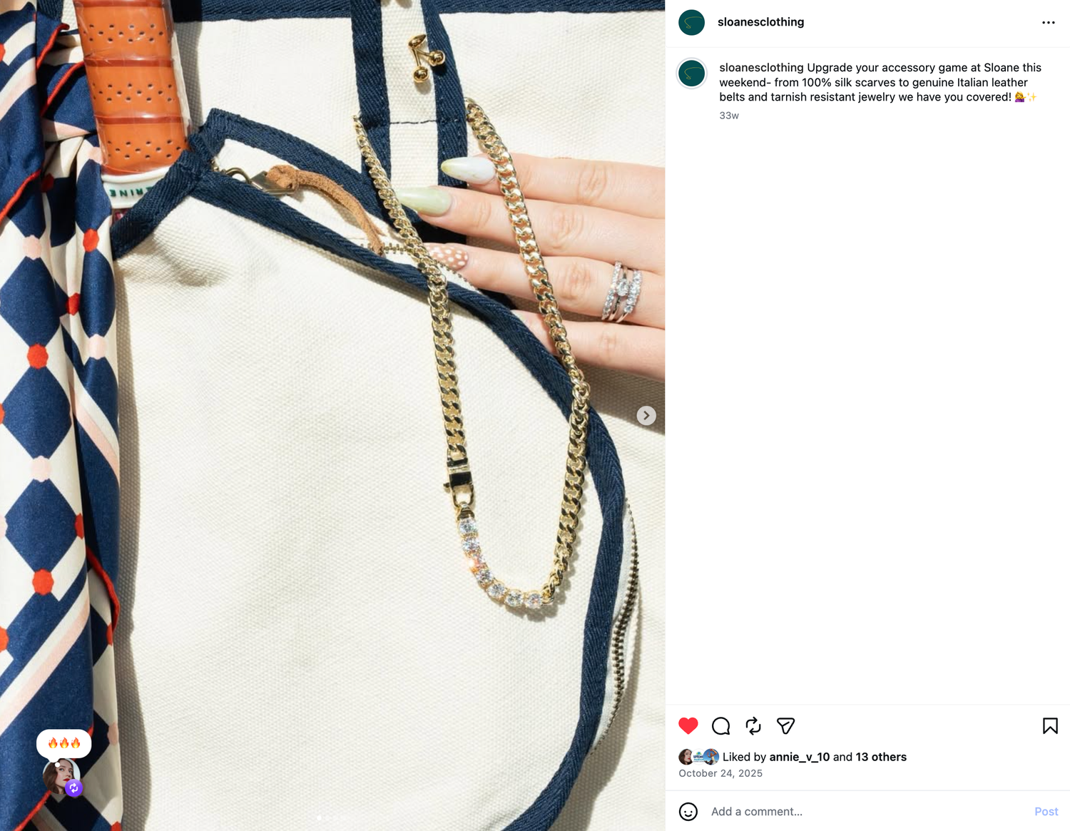 Gold chain necklace and ring styled with a white jacket and colorful scarf, showcasing elegant accessories.