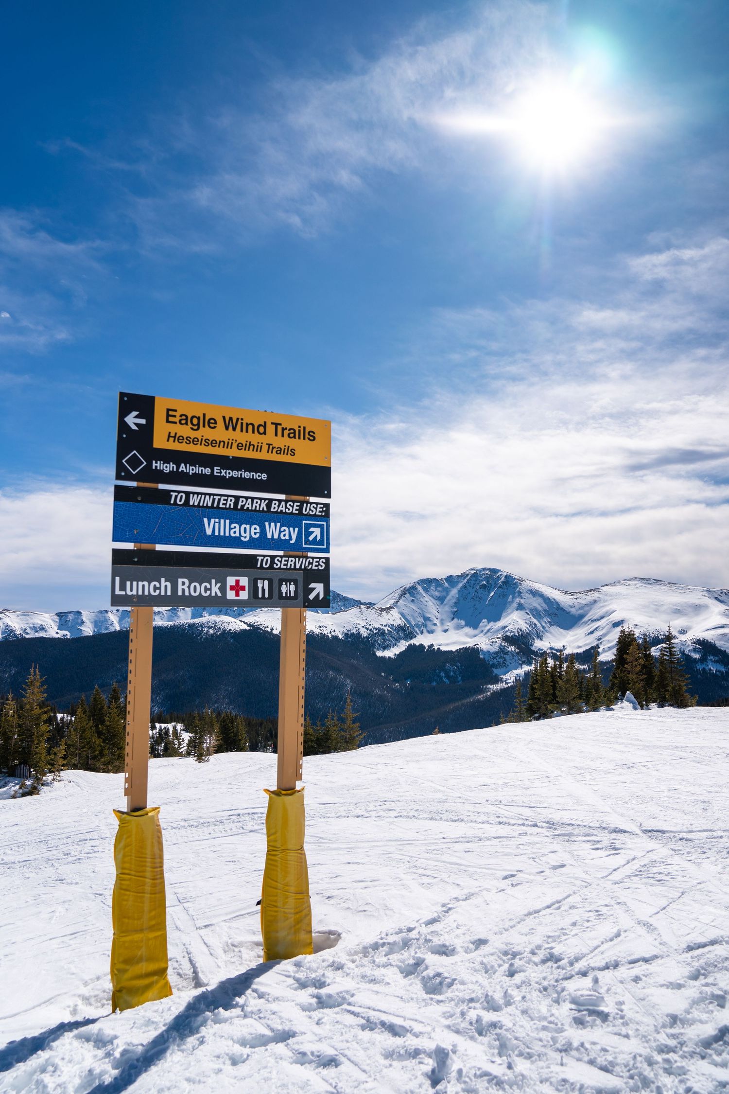 Ski trail sign pointing to Eagle Wind Trails and Lunch Rock against snowy mountain backdrop.