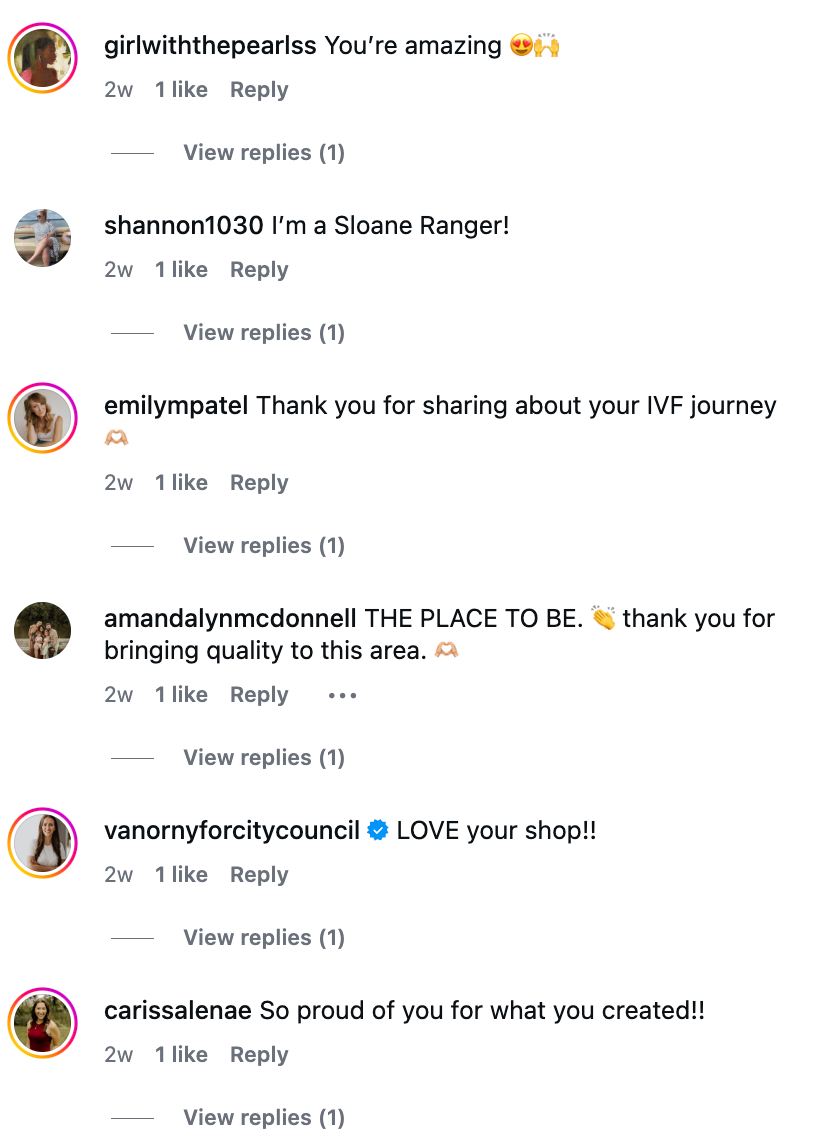 Instagram comments showing positive feedback praising an IVF journey share, a shop, and community contributions.