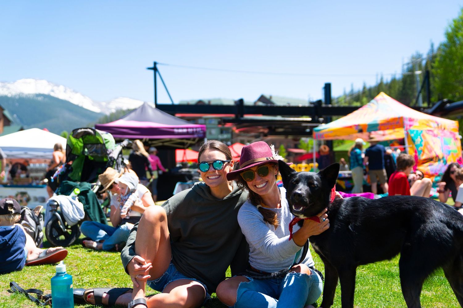 Group relaxing on grass with dogs at outdoor festival with colorful tents and mountain backdrop.