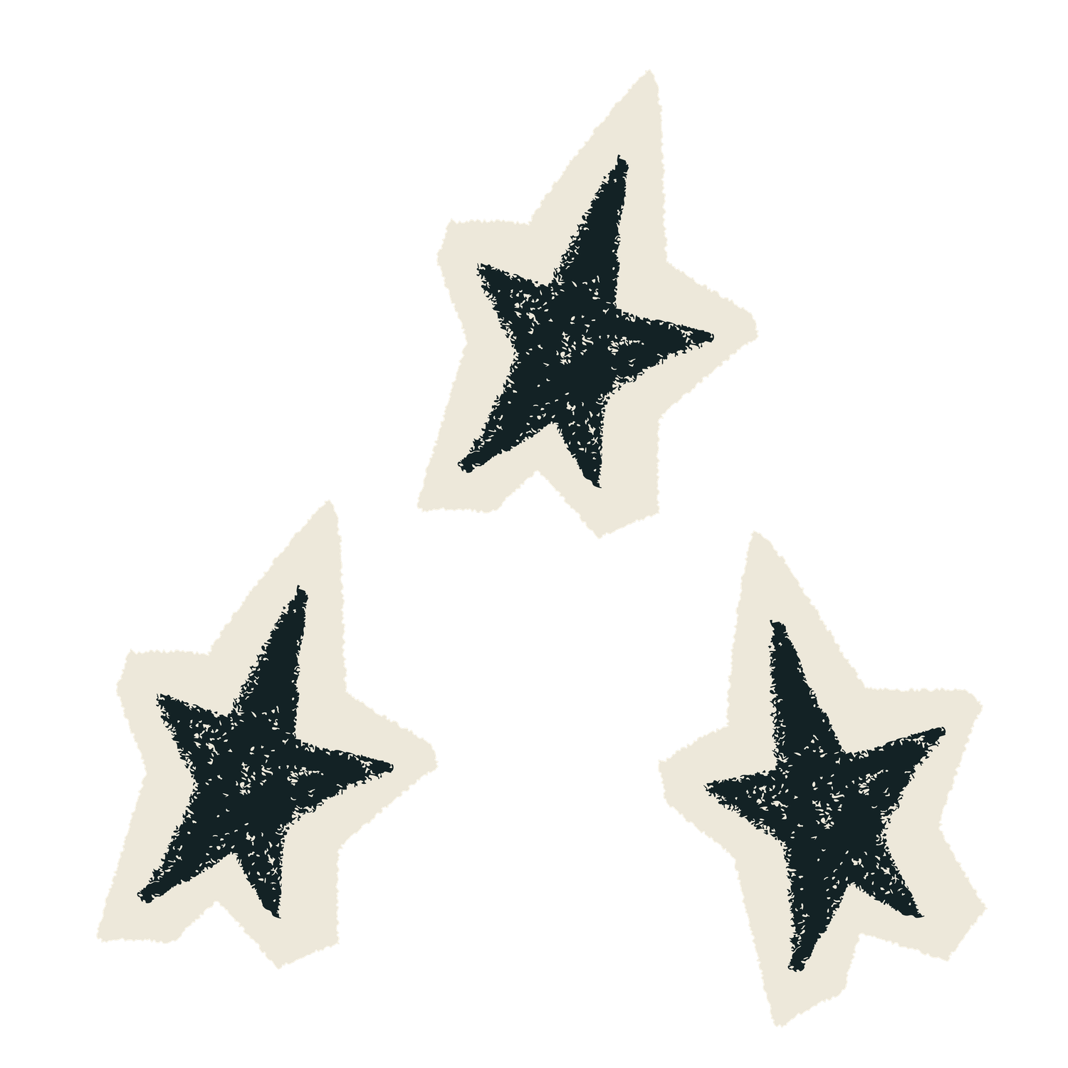 Three black distressed stars arranged in a triangular pattern against a light background.