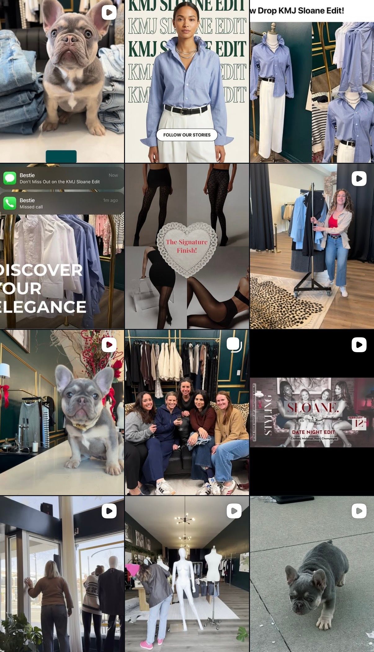 A collage of fashion boutique Instagram posts featuring a French Bulldog, stylish outfits, group photos, and clothing displays.