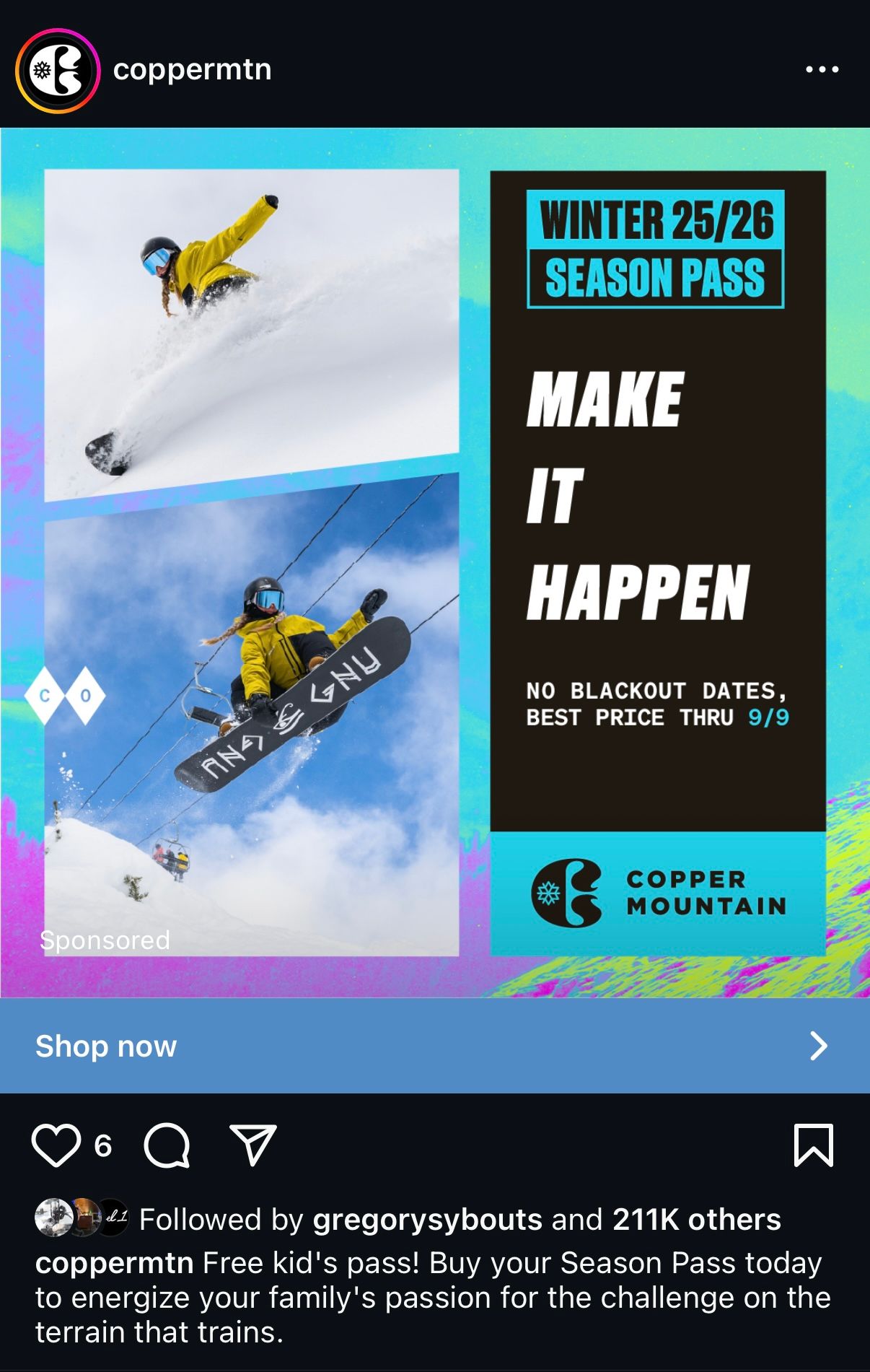 Snowboarders performing aerial tricks in powder snow with Copper Mountain season pass advertisement overlay.