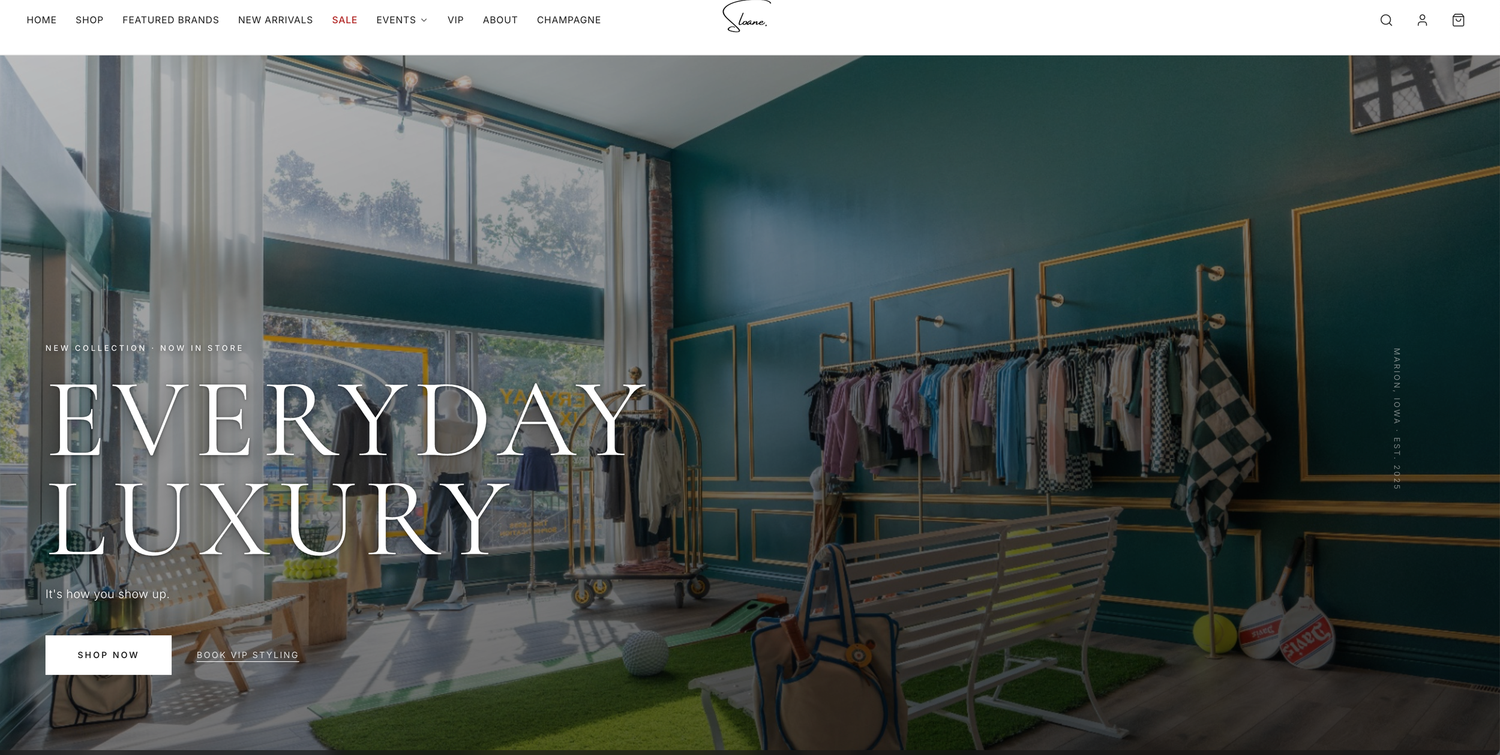 Elegant boutique clothing store with teal walls, gold-framed displays, and a rack of fashionable garments with the text Everyday Luxury.