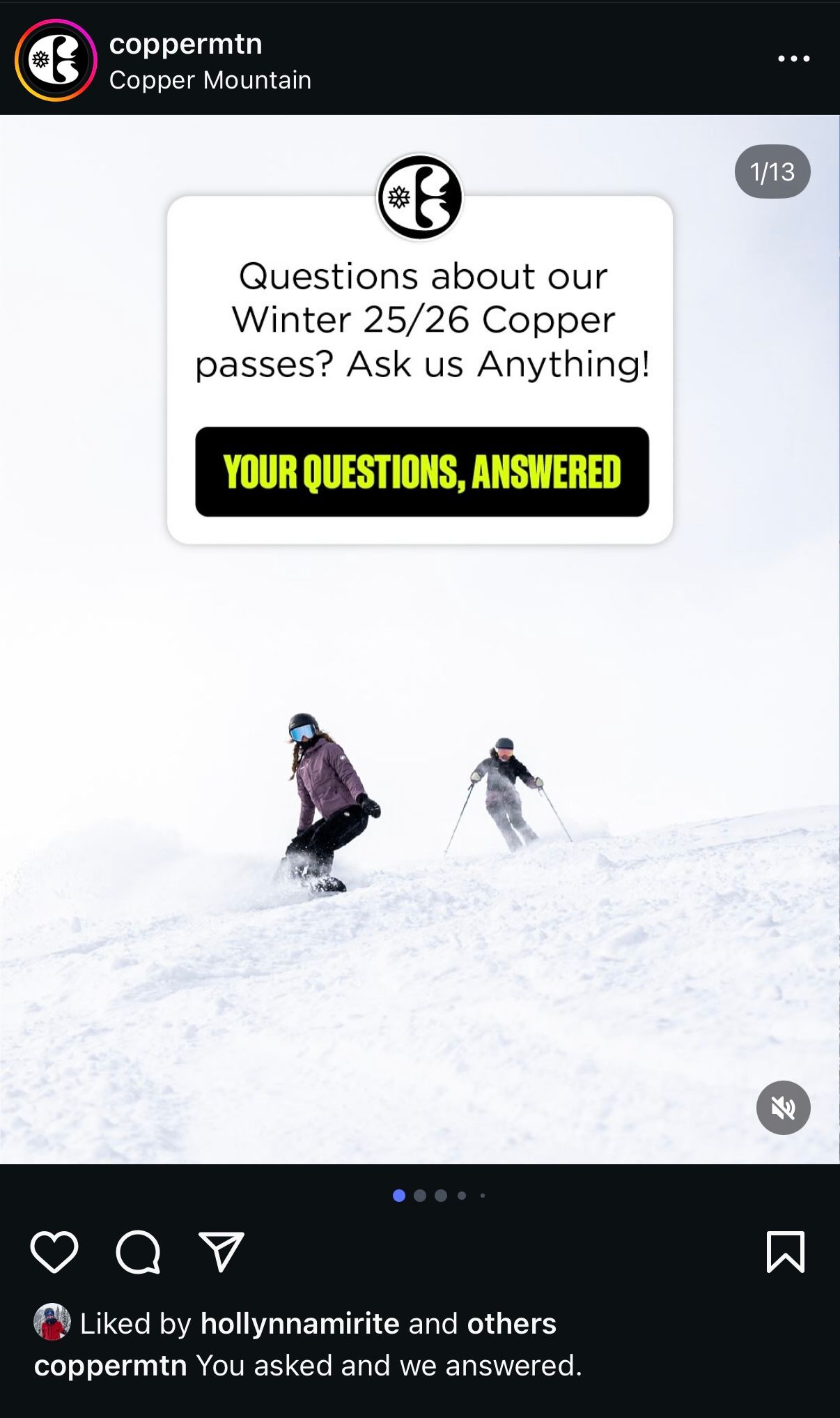 Instagram post from Copper Mountain ski resort showing two skiers on a snowy slope with text overlay about winter passes Q&A.