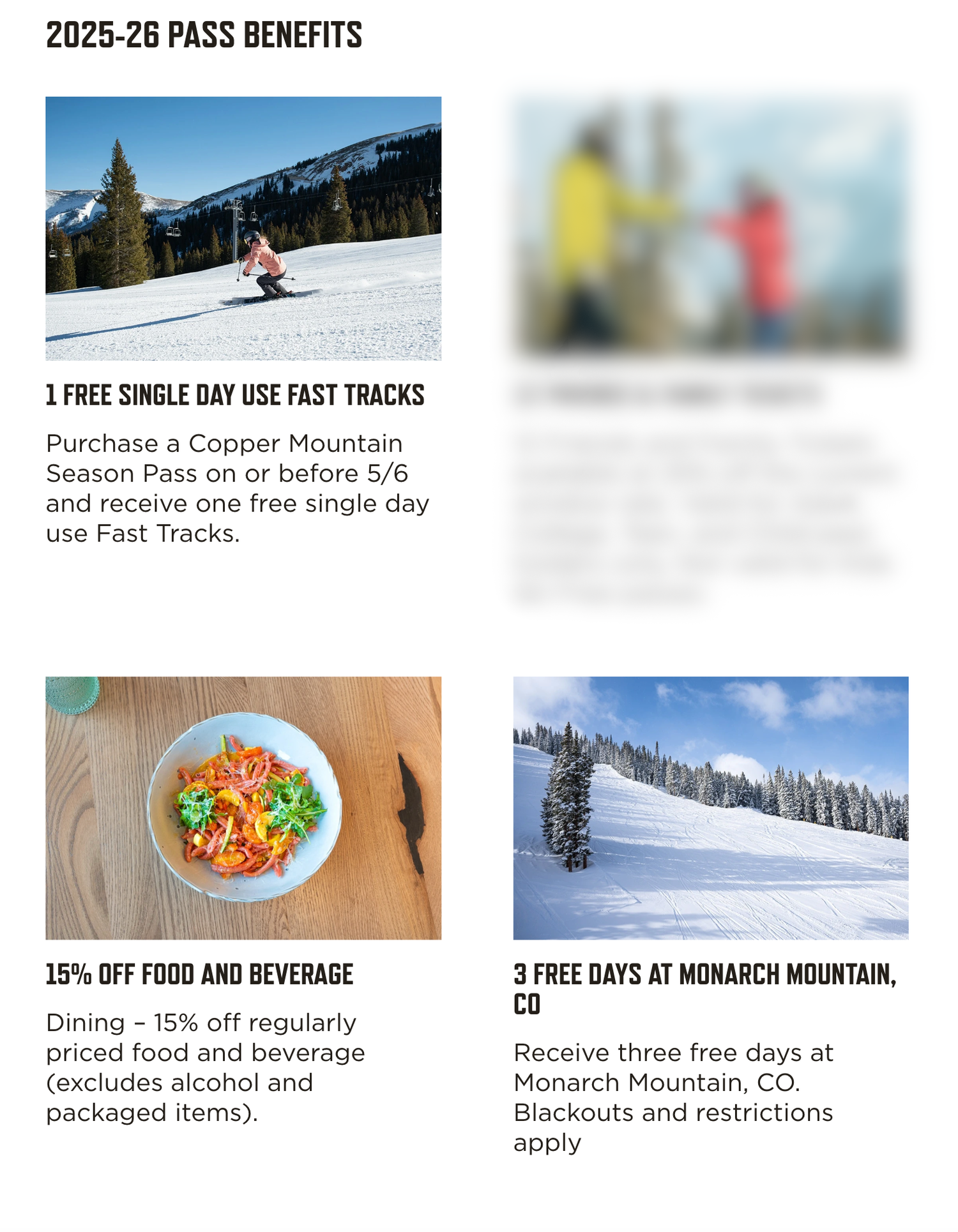 Pass benefits page showing ski slope image, food plate, and mountain activities offers.