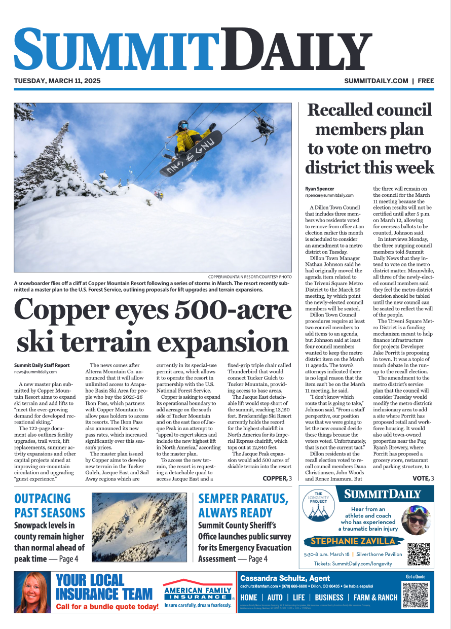 Summit Daily newspaper front page featuring a snowboarder performing an aerial trick.