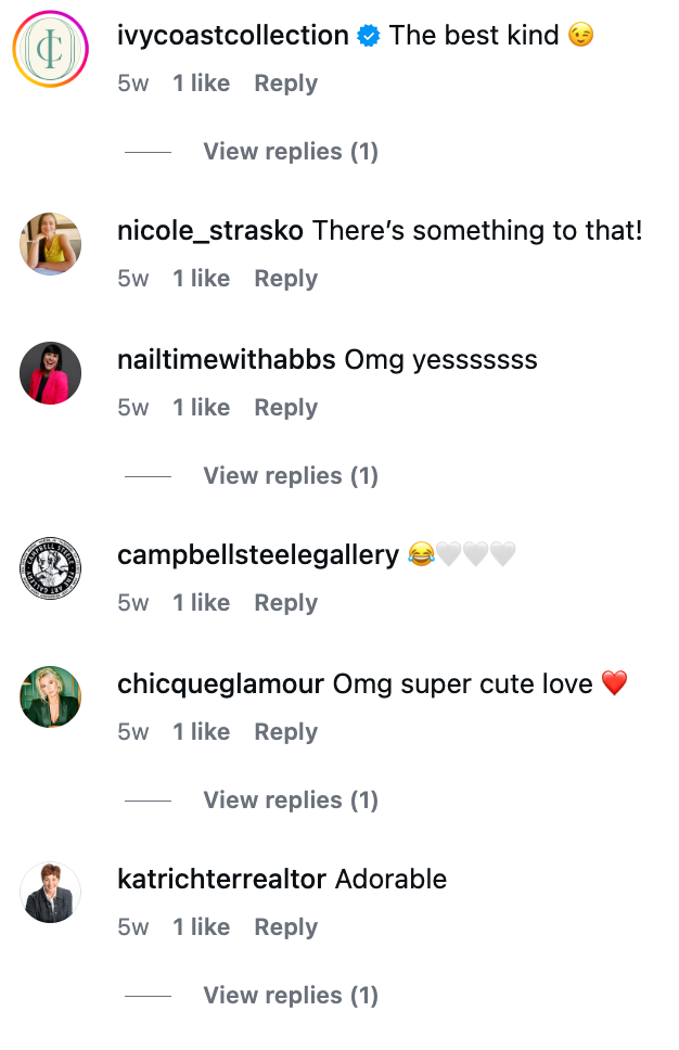 Instagram comments section showing positive reactions like Adorable, Omg super cute love, and Omg yessssss on a post.