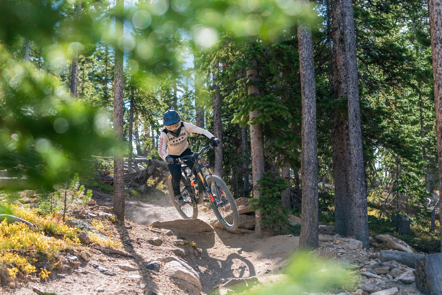Mountain biker navigates rocky forest trail with dynamic side angle.