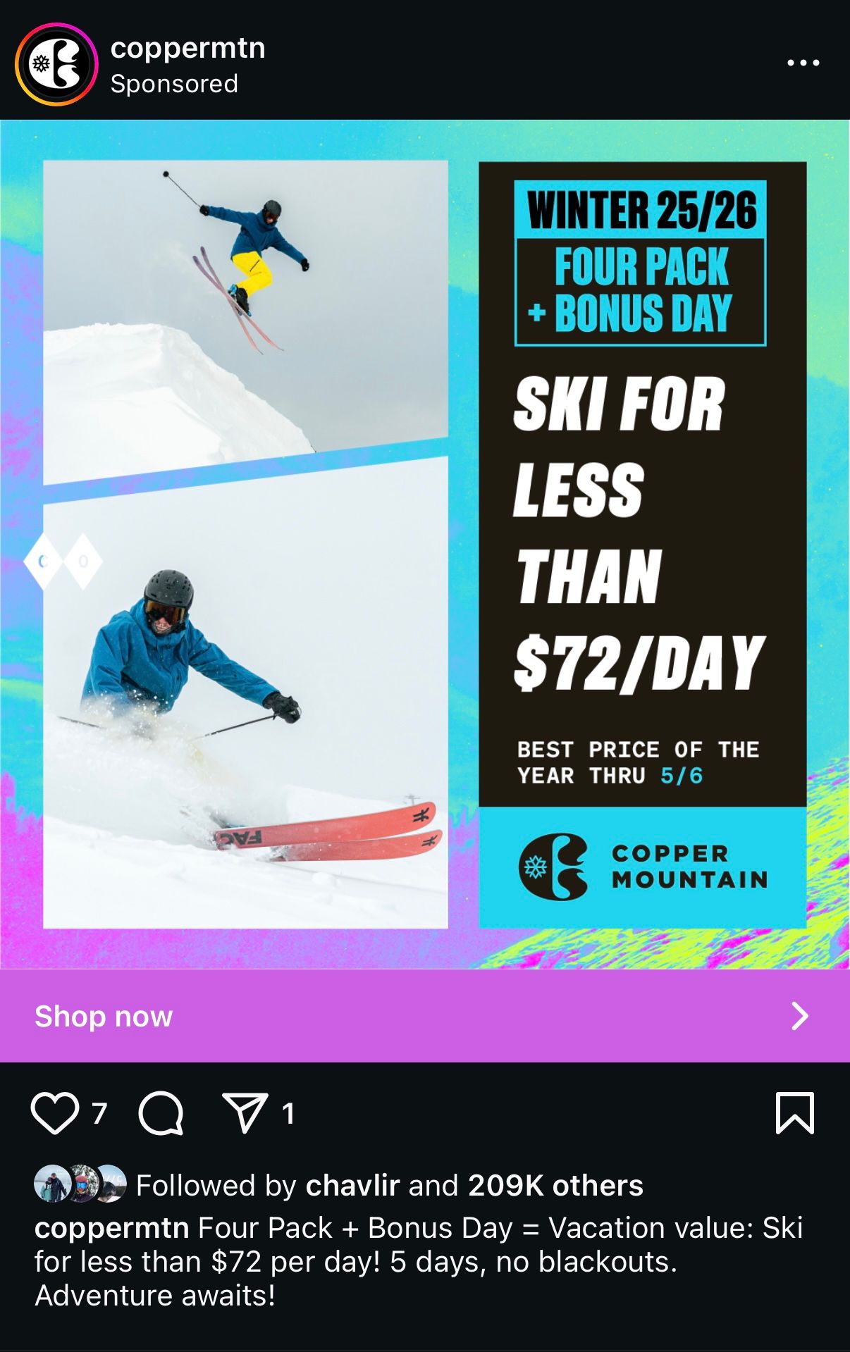 Ski resort social media ad showing action shots and promoting four pack ski pass deals.