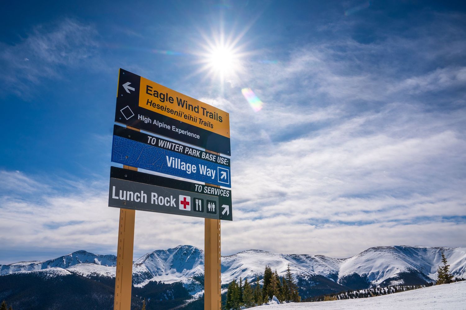 Directional ski sign for Village Way and Lunch Rock with sunburst and mountain panorama.