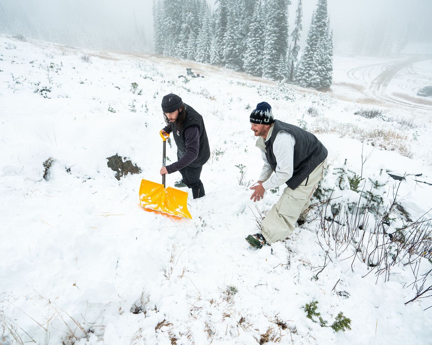 Two people shoveling snow in a winter mountain landscape with evergreen trees.