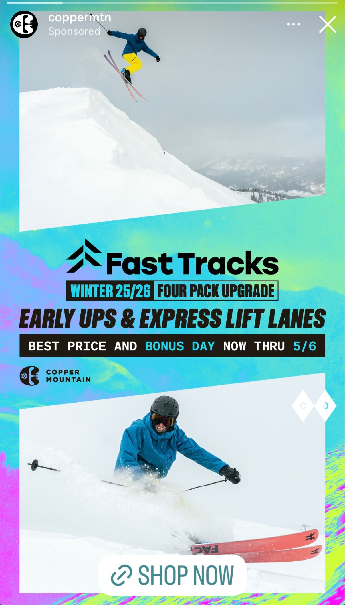 Split promotional image showing aerial ski jump and downhill skiing with Fast Tracks upgrade offer.