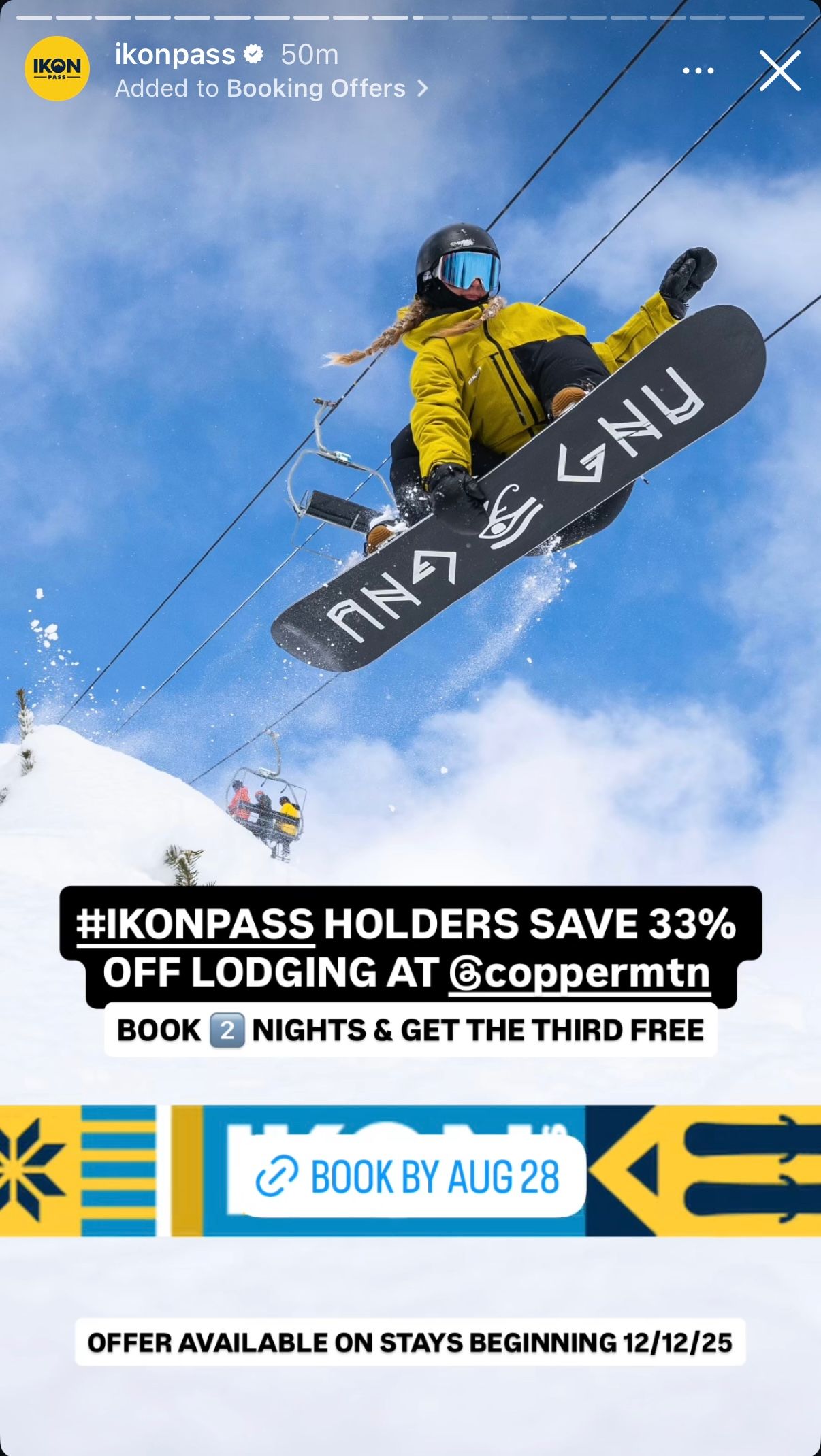 Snowboarder performs aerial trick against blue sky with promotional text for Ikon Pass lodging discount offer.