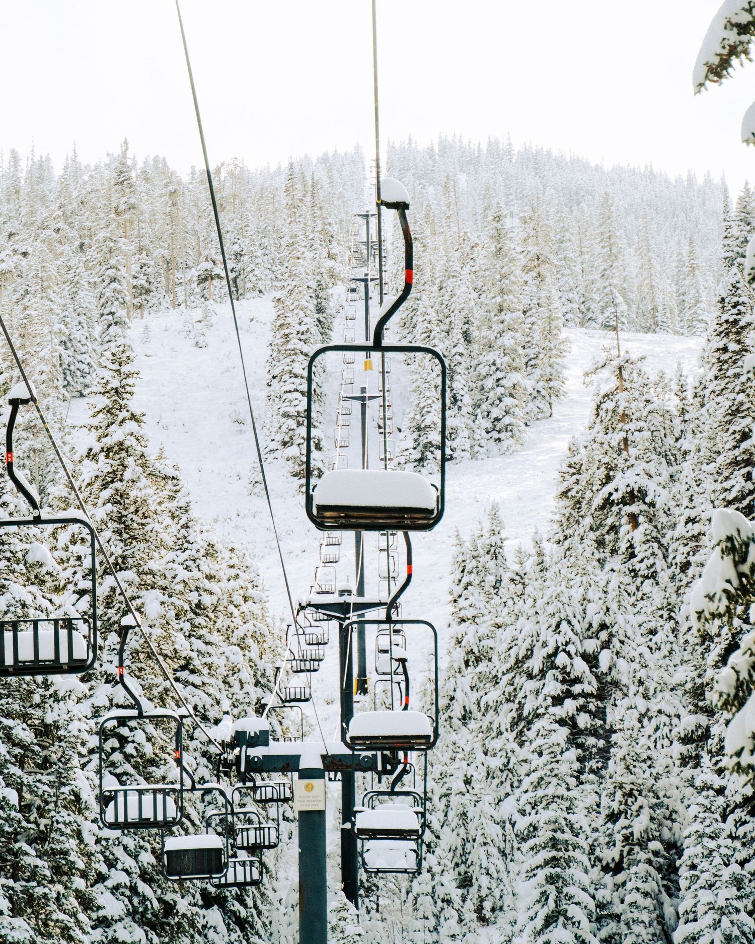 Line of empty ski lift chairs ascending through snow-covered pine forest.