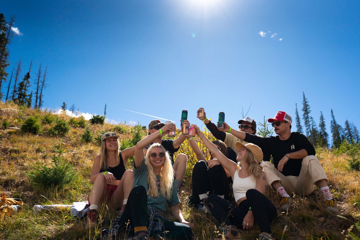 Group toasting beverages while sitting on mountainside under bright blue sky.
