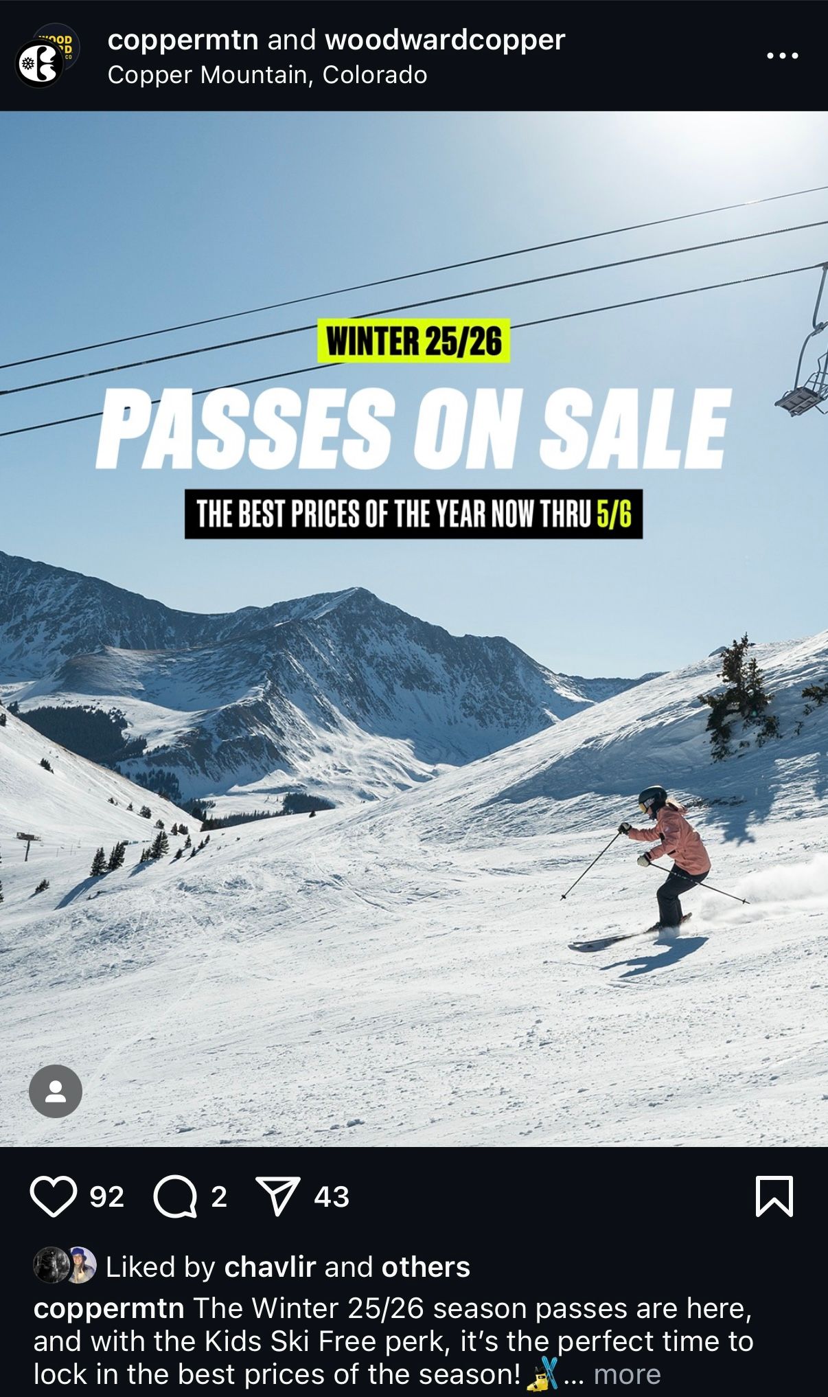 Skiers enjoying fresh powder on snowy slopes at Copper Mountain resort with winter pass sale promotion banner visible.
