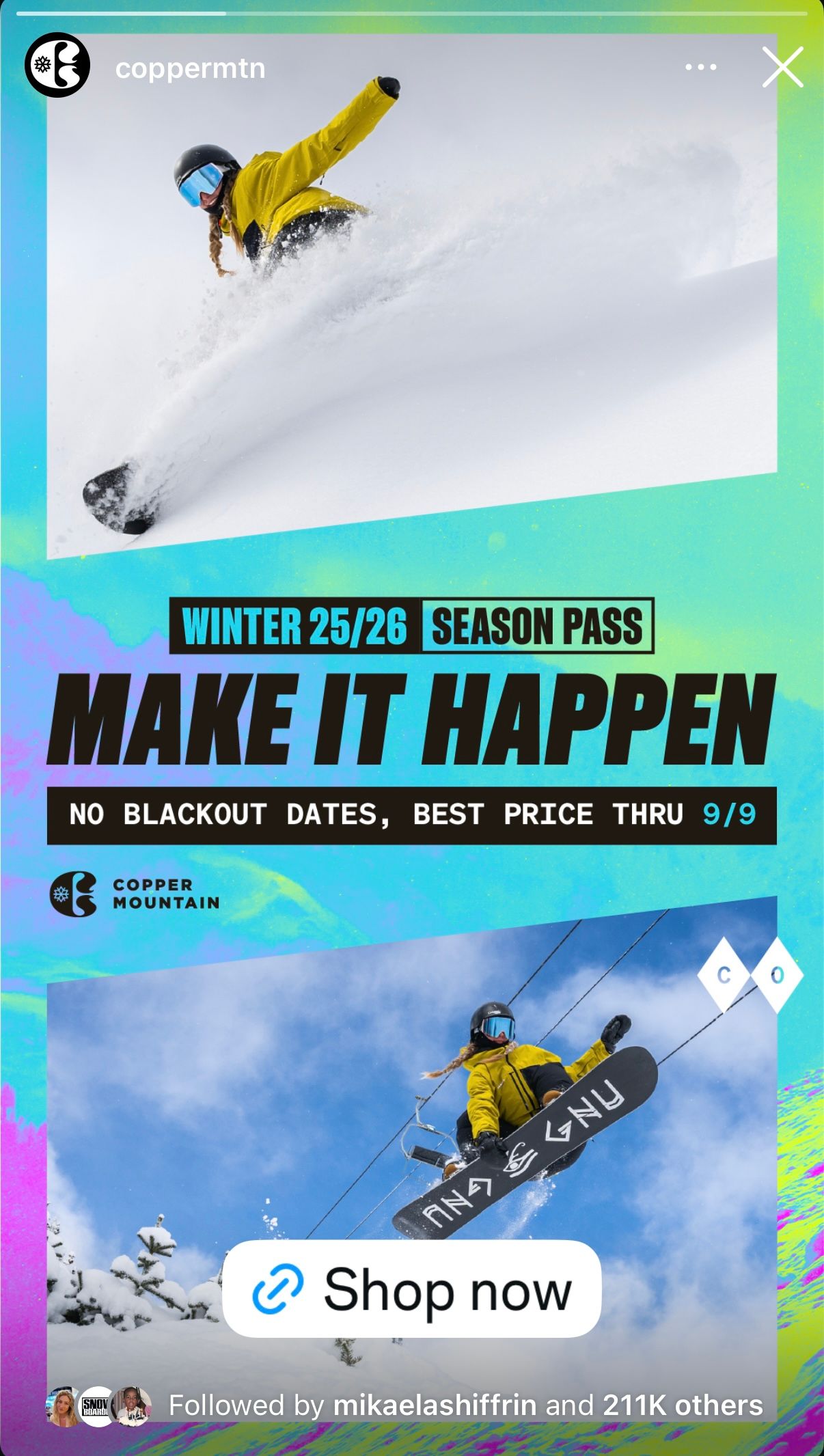 Snowboarder performs aerial tricks against bright blue sky at Copper Mountain ski resort in winter season pass advertisement.