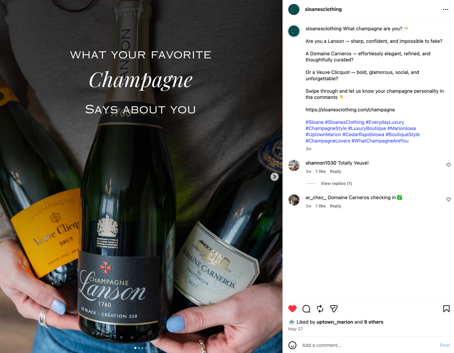 Instagram post showing champagne bottles with text overlay about what your favorite champagne says about you.