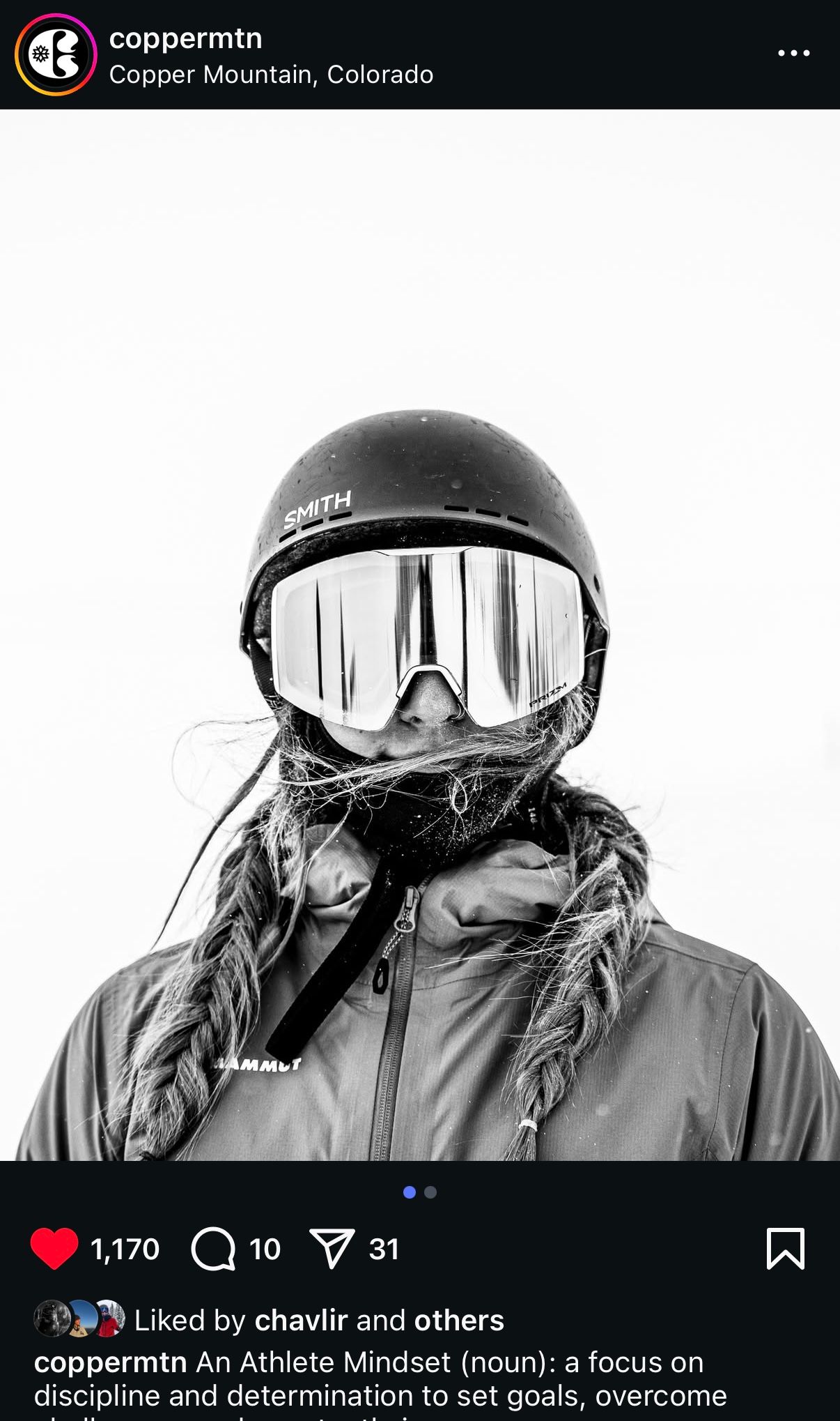 Black and white photo of a skier in helmet and goggles against white background at Copper Mountain, Colorado.