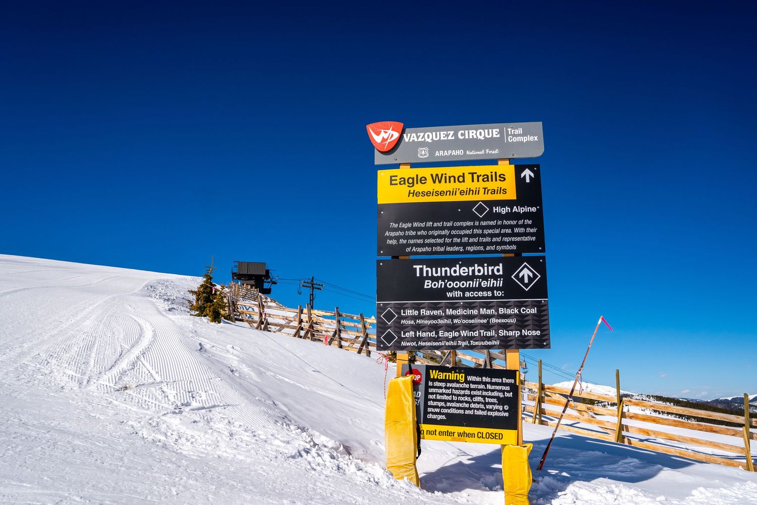 Large trail map and information sign on snow-covered slope with wooden fence and blue sky.