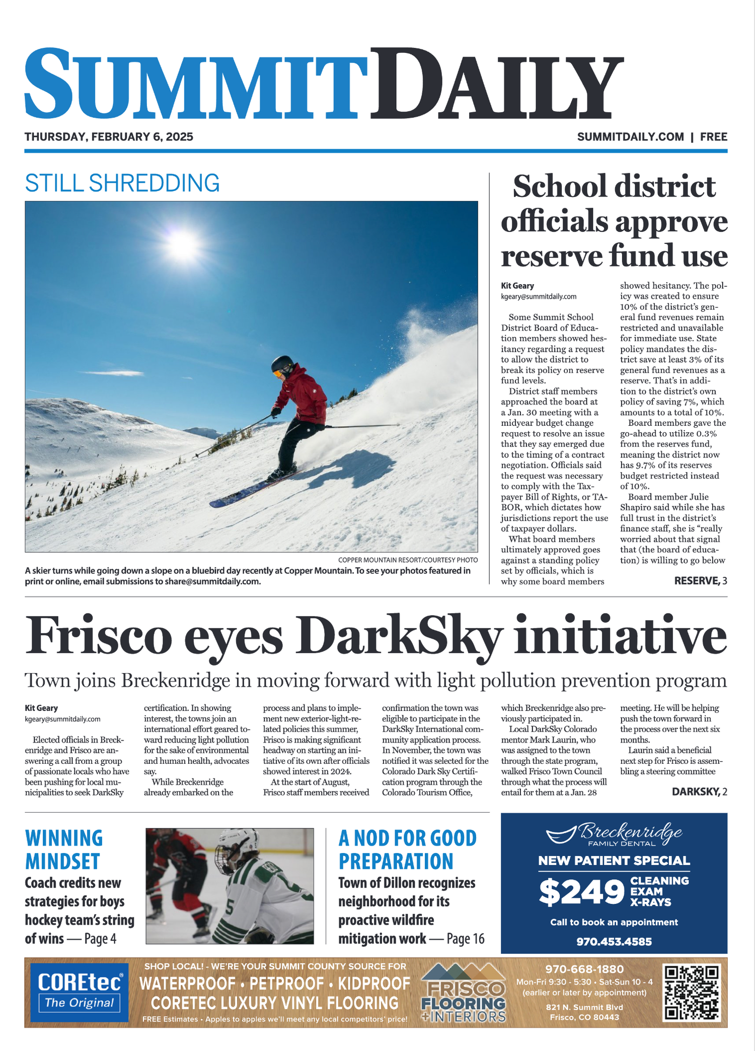 Summit Daily newspaper featuring a skier on a sunny slope with headline about DarkSky initiative.