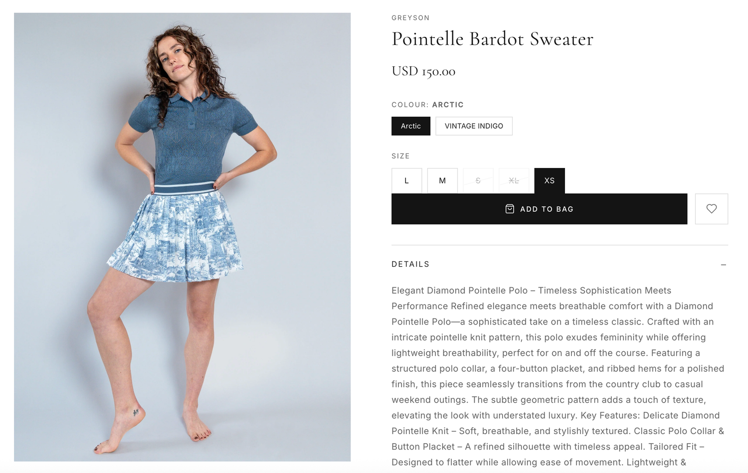 Woman wearing a blue Pointelle Bardot Sweater paired with a floral mini skirt, posing against a neutral background.