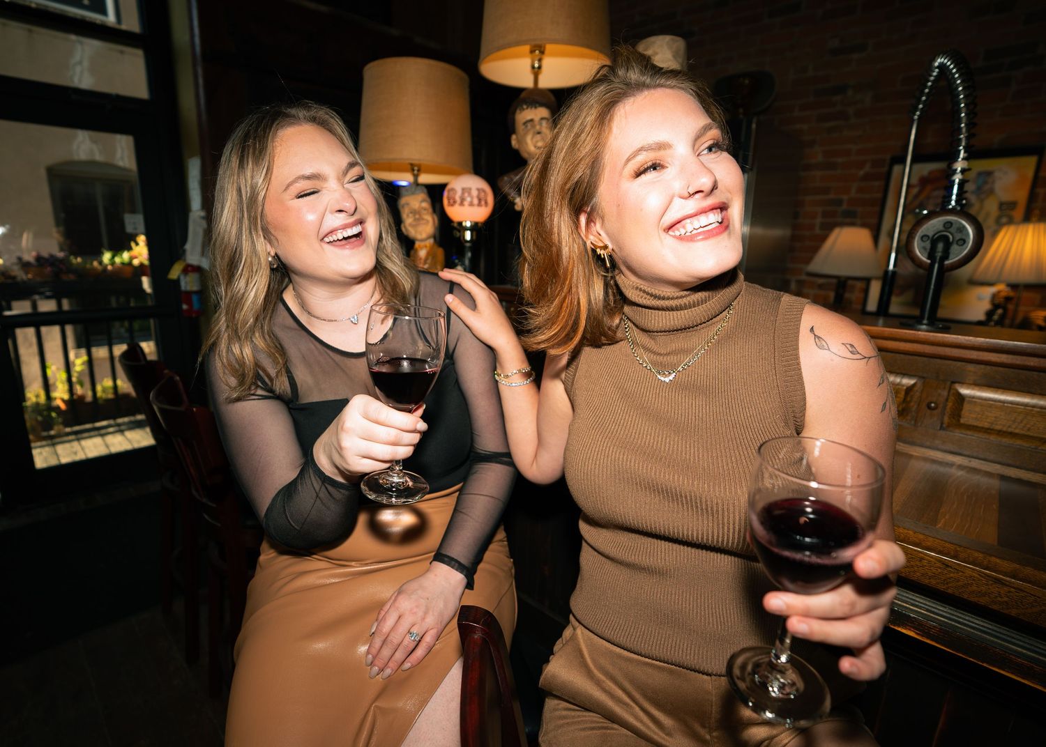 A series of connected candid bar photos showing people enjoying drinks and conversation in a warm, dimly lit setting.