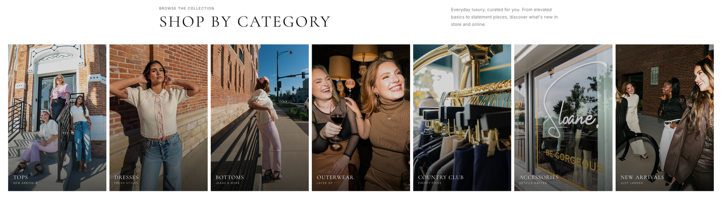 A shop by category banner featuring women in stylish outfits browsing a boutique clothing store.