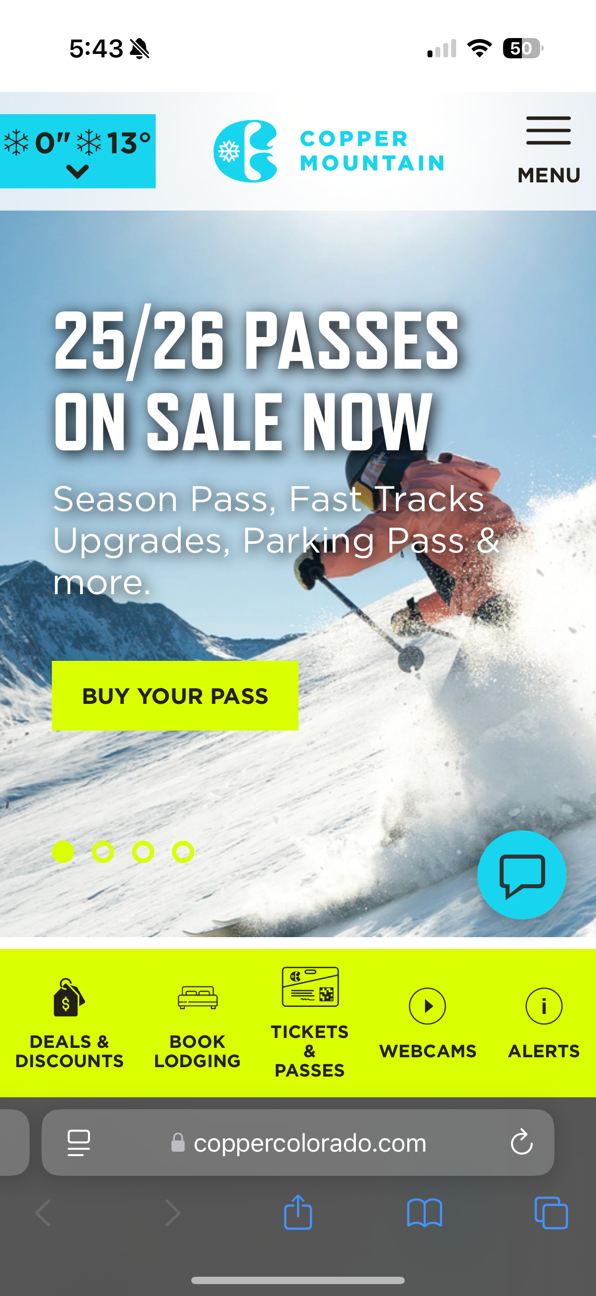 Mobile app screenshot of Copper Mountain ski resort passes promotion with snowy action shot.