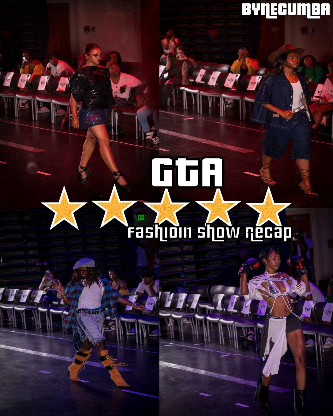 GTA five-star fashion show recap collage featuring models on runway in bold streetwear outfits.