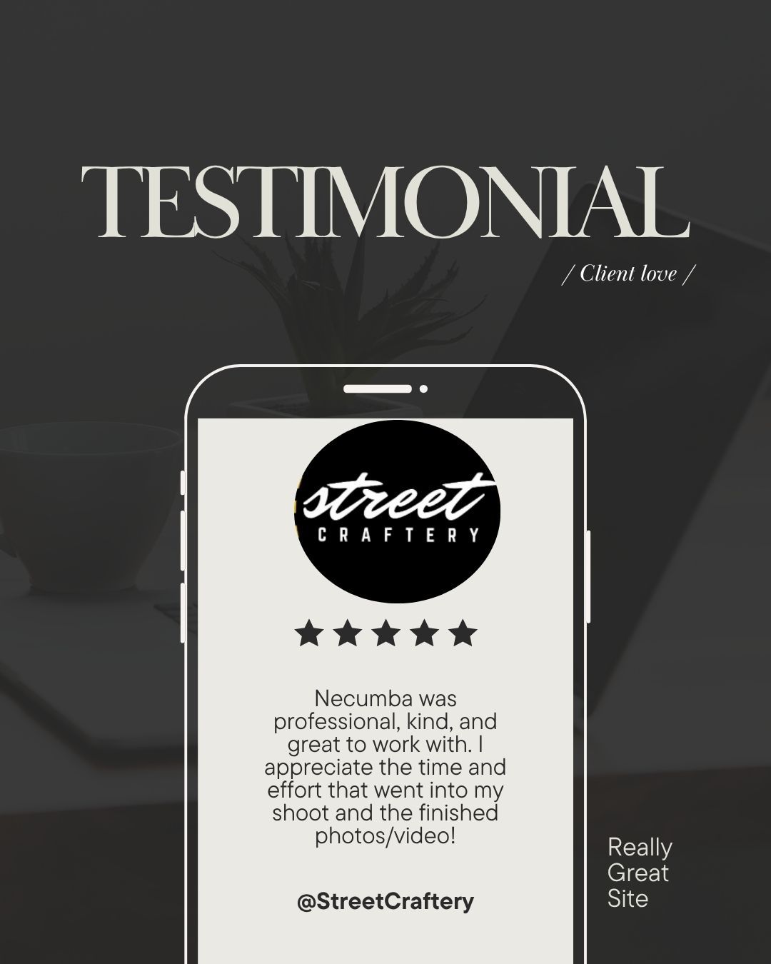 Street Craftery five-star client testimonial displayed on a smartphone screen on dark background.
